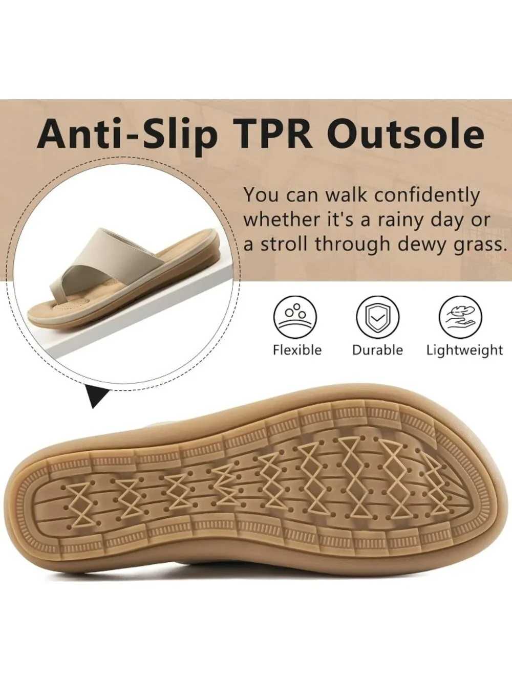 Women's Beige Flat Sandals Comfortable Walking Dressy Slides Casual Shoes